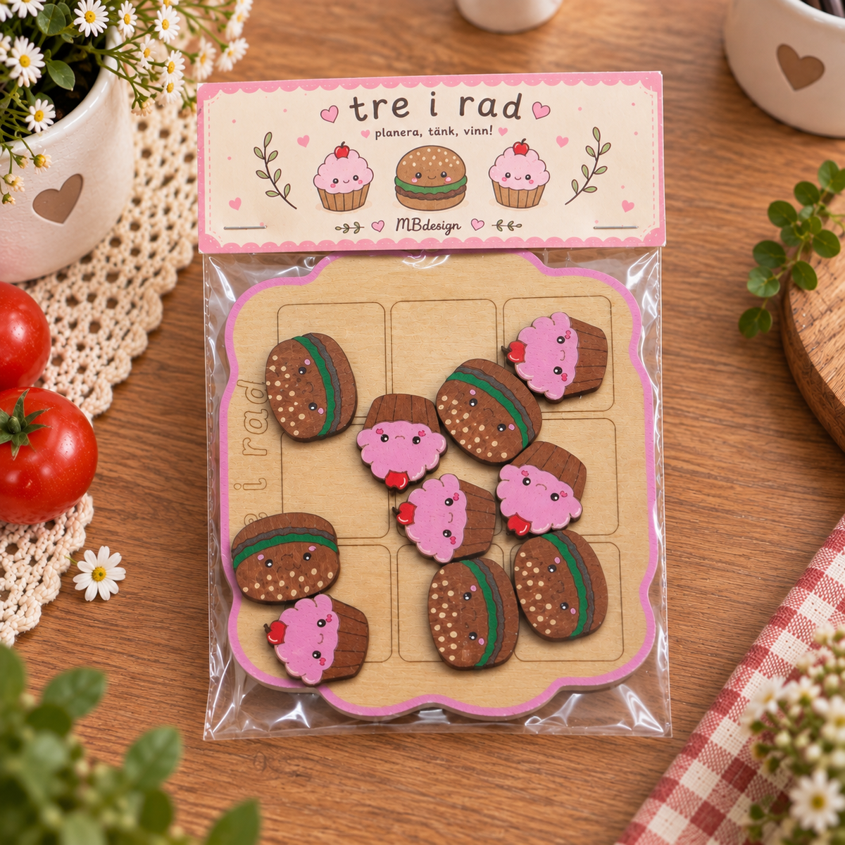 Handgjort Tre i Rad i Trä – Hamburgare och Muffins